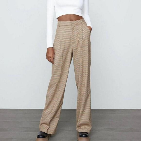 Zara Pants - Zara Plaid High Waisted Wide Leg Trousers Brown Size XS